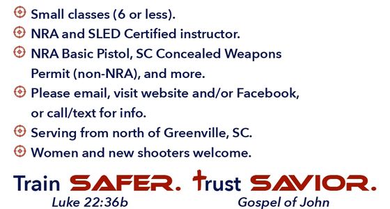 Christian gun training, cross, SAFER, SC CWP class, basic pistol instruction, small handgun classes