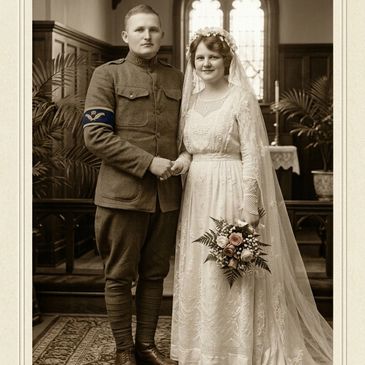 Vintage wedding photo of a soldier and bride.