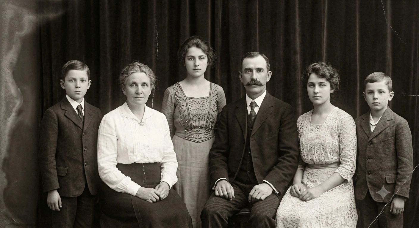 Vintage family portrait with parents and four children.