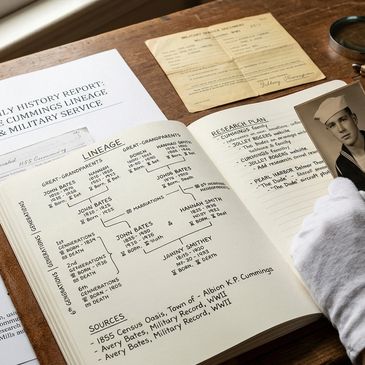 Genealogy research documents and an old photo on a wooden desk.