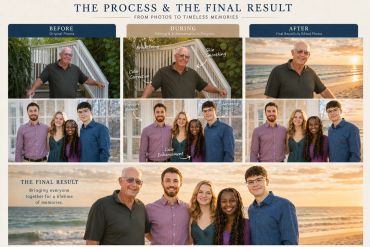 Photo editing process showing before, during, and after enhancements of family portraits.