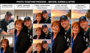 Step-by-step photo transformation from original indoor shots to a warm, blended beach portrait.