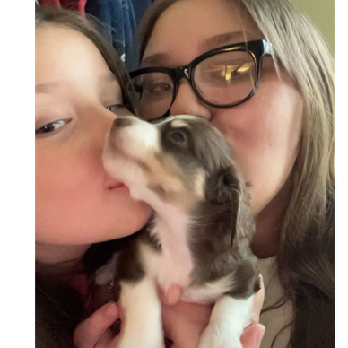 Two girls sharing a close moment with a cute puppy.
