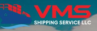 Logo of VMS Shipping Service LLC with red and white text on a blue background.