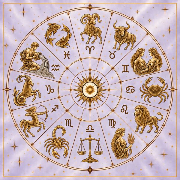 Gold zodiac wheel with twelve signs on a shimmering lavender background and a thin gold border.