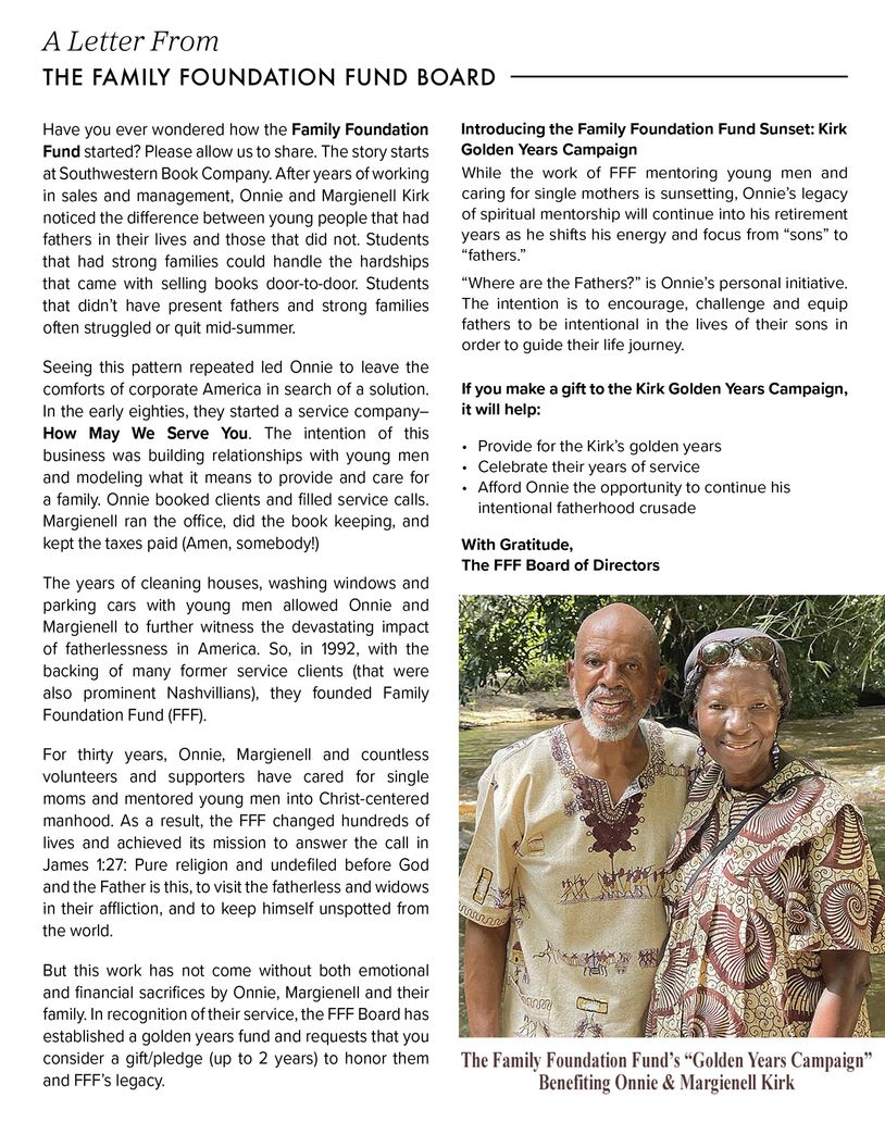 FAMILY FOUNDATION FUND'S "GOLDEN YEARS" CAMPAIGN BENEFITING ONNIE & MARGIENELL KIRK