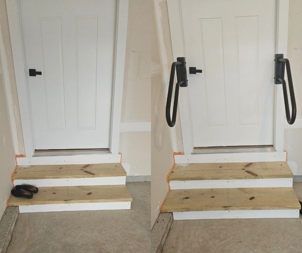Before and after of a garage door with two wooden steps, black handrails are installed for safety