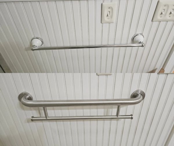 Before and after of a grab bar with additional towel rack in a Rehoboth Beach bathroom.