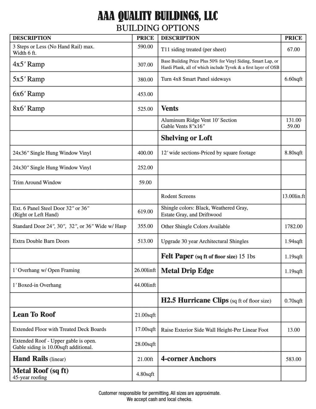 SHED PRICING OPTIONS