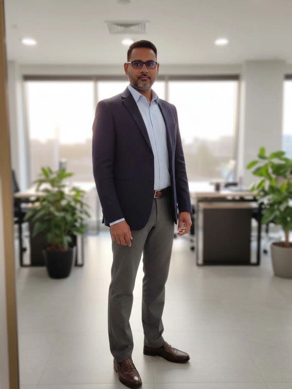 A man in business attire standing in a modern office with plants and desks.