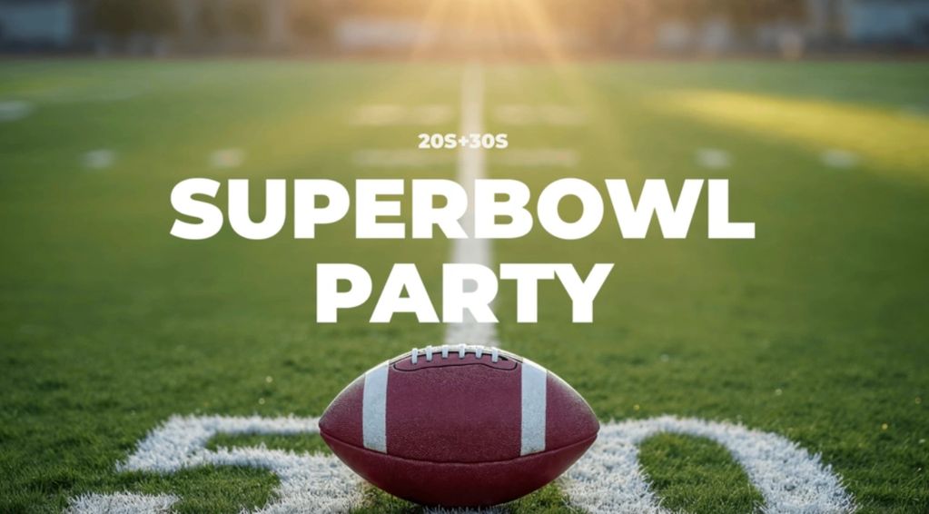 American football on field with text "Superbowl Party" above it.