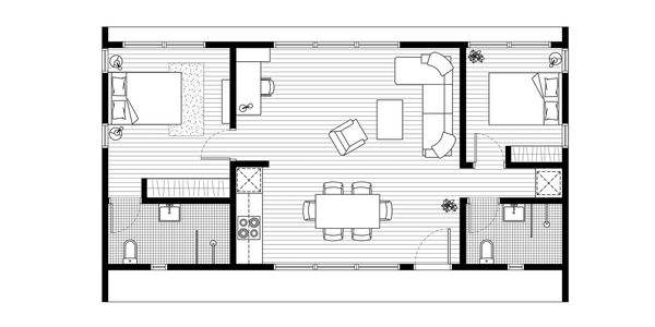 Modern two-bedroom apartment floor plan with open living and dining areas.