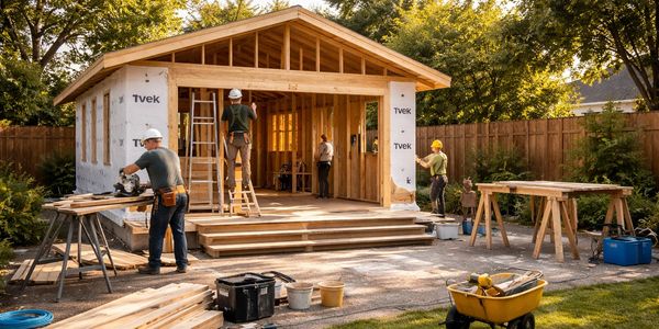 Workers constructing a wooden shed in a backyard under sunny weather.