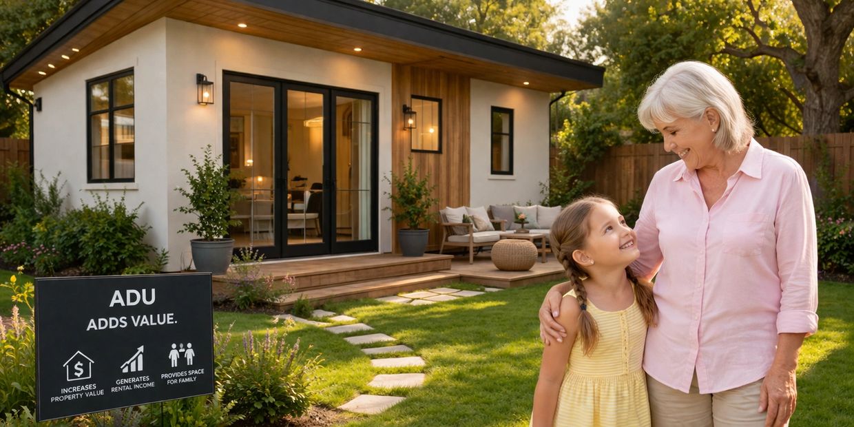 Grandmother and granddaughter enjoying their backyard by a stylish ADU.