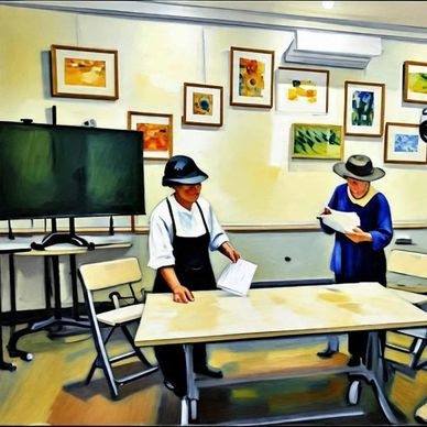 Two individuals reading papers in a decorated room.
