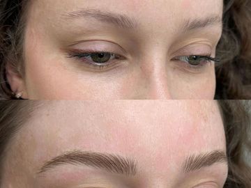 Before and after eyebrow grooming showing fuller, well-shaped brows.