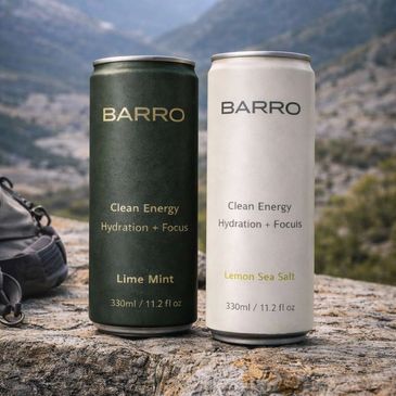 Two Barro energy drink cans, Lime Mint and Lemon Sea Salt flavors, placed outdoors on a rock.