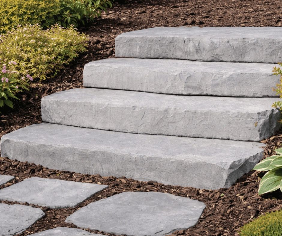 Stone steps in a garden surrounded by mulch and plants.