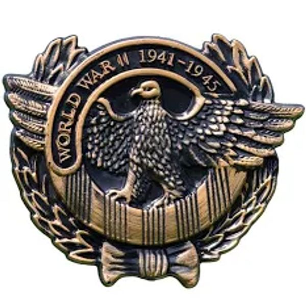 A commemorative badge with an eagle and 'World War II 1941-1945' inscription.