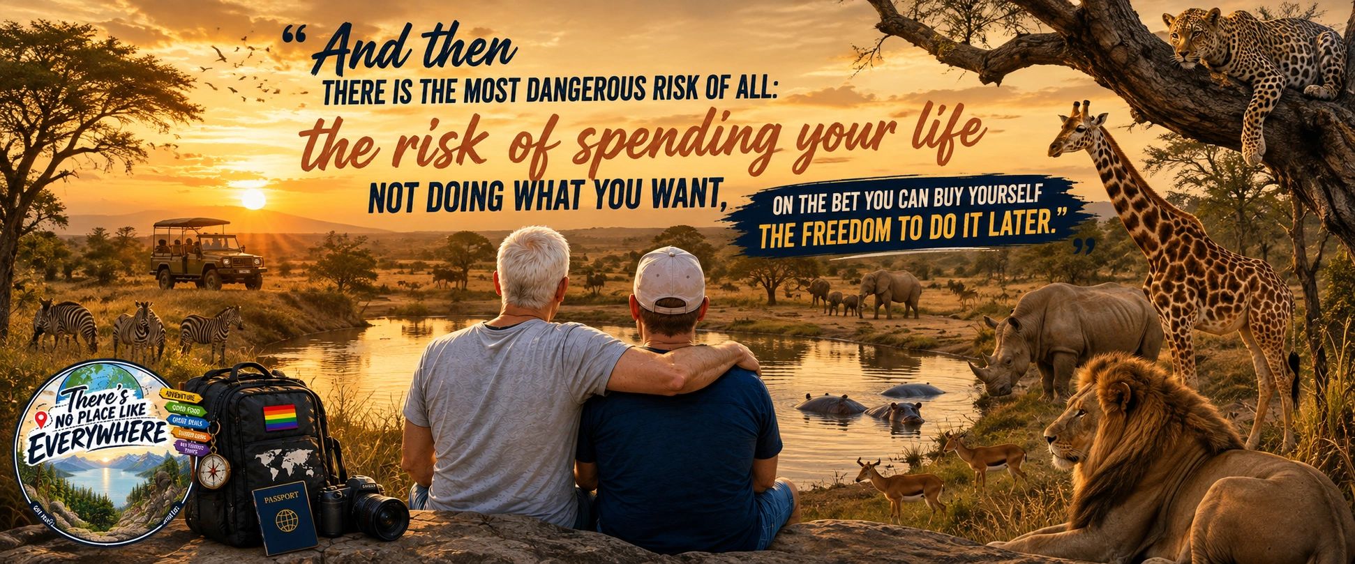 Couple enjoys African safari sunset with wildlife and travel gear.
