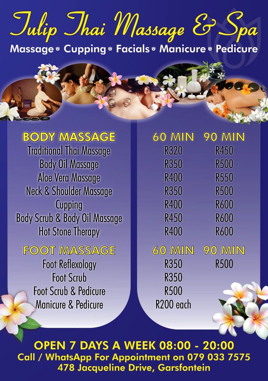 Tulip Thai Massage & Spa offers various massages and treatments with prices for 60 and 90 minutes.