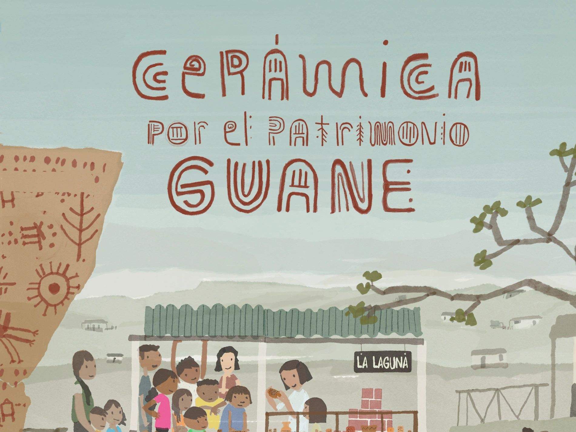 Illustration of a community gathering with ceramic crafts and people interacting.