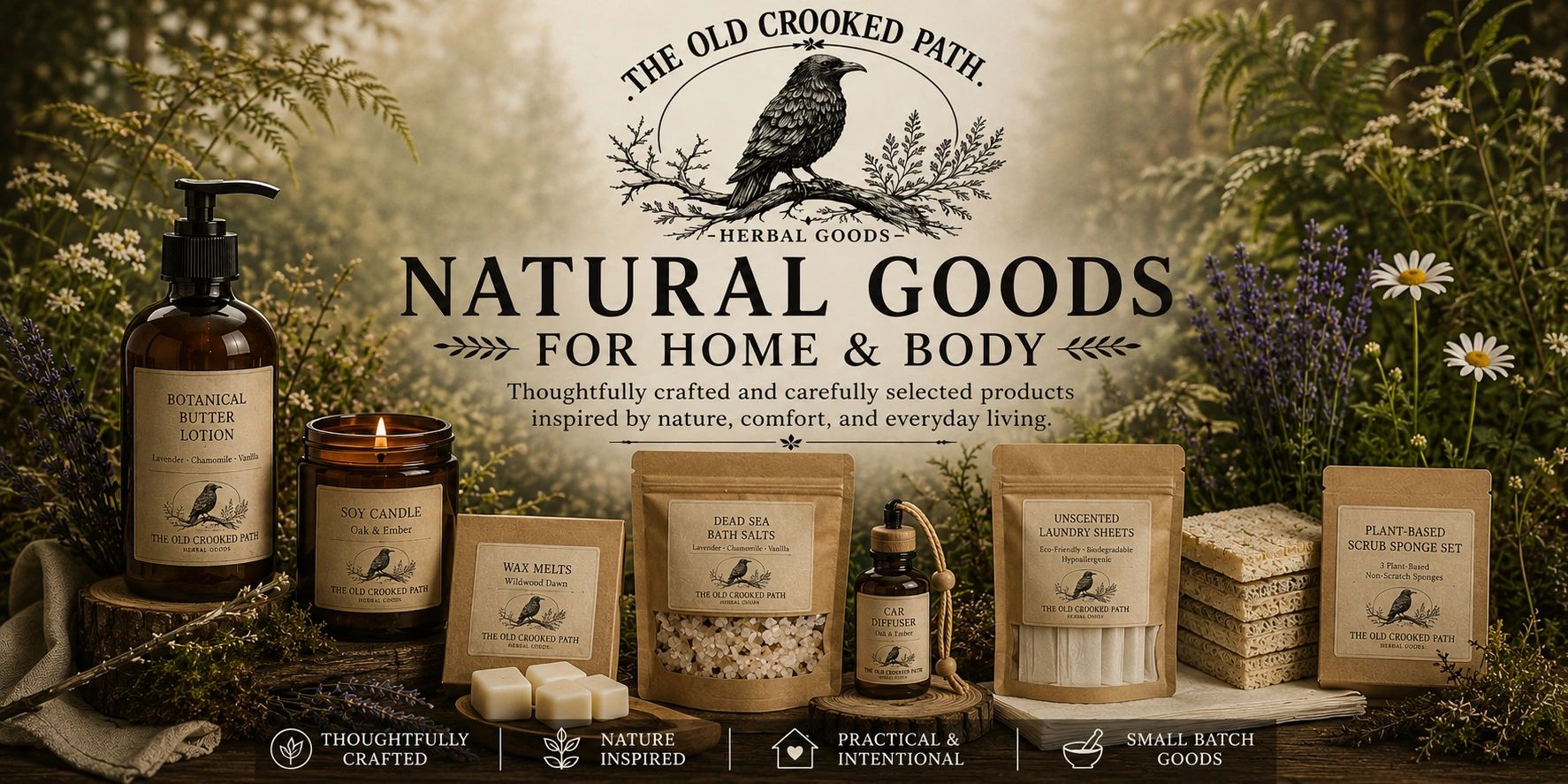 A collection of natural herbal goods for home and body by The Old Crooked Path.