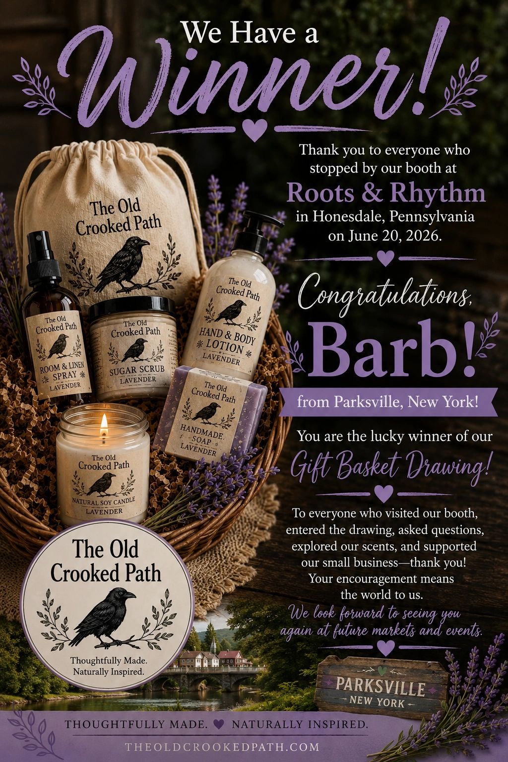 Gift basket winner announcement for Barb from Parksville, New York, by The Old Crooked Path.