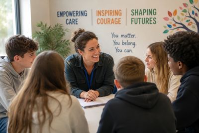 Teacher engaging with diverse students in a positive classroom setting.