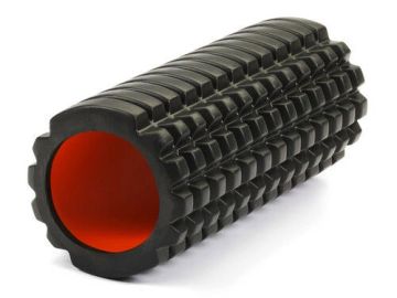 Black foam roller with textured surface for muscle massage and recovery.