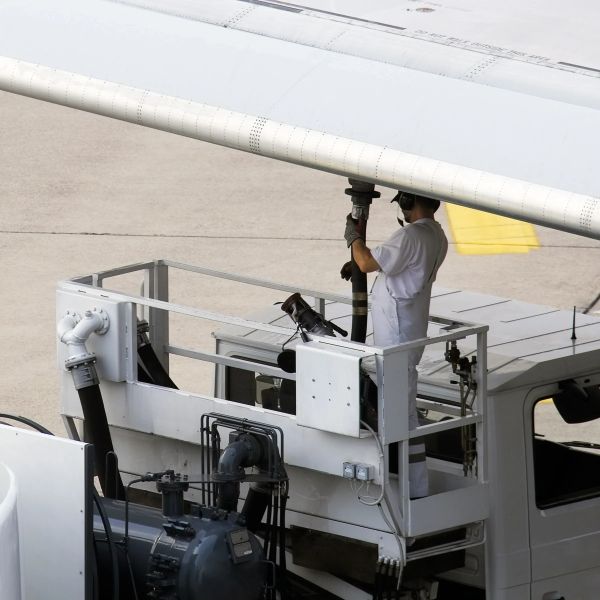 Worker refuels airplane wing at airport.
