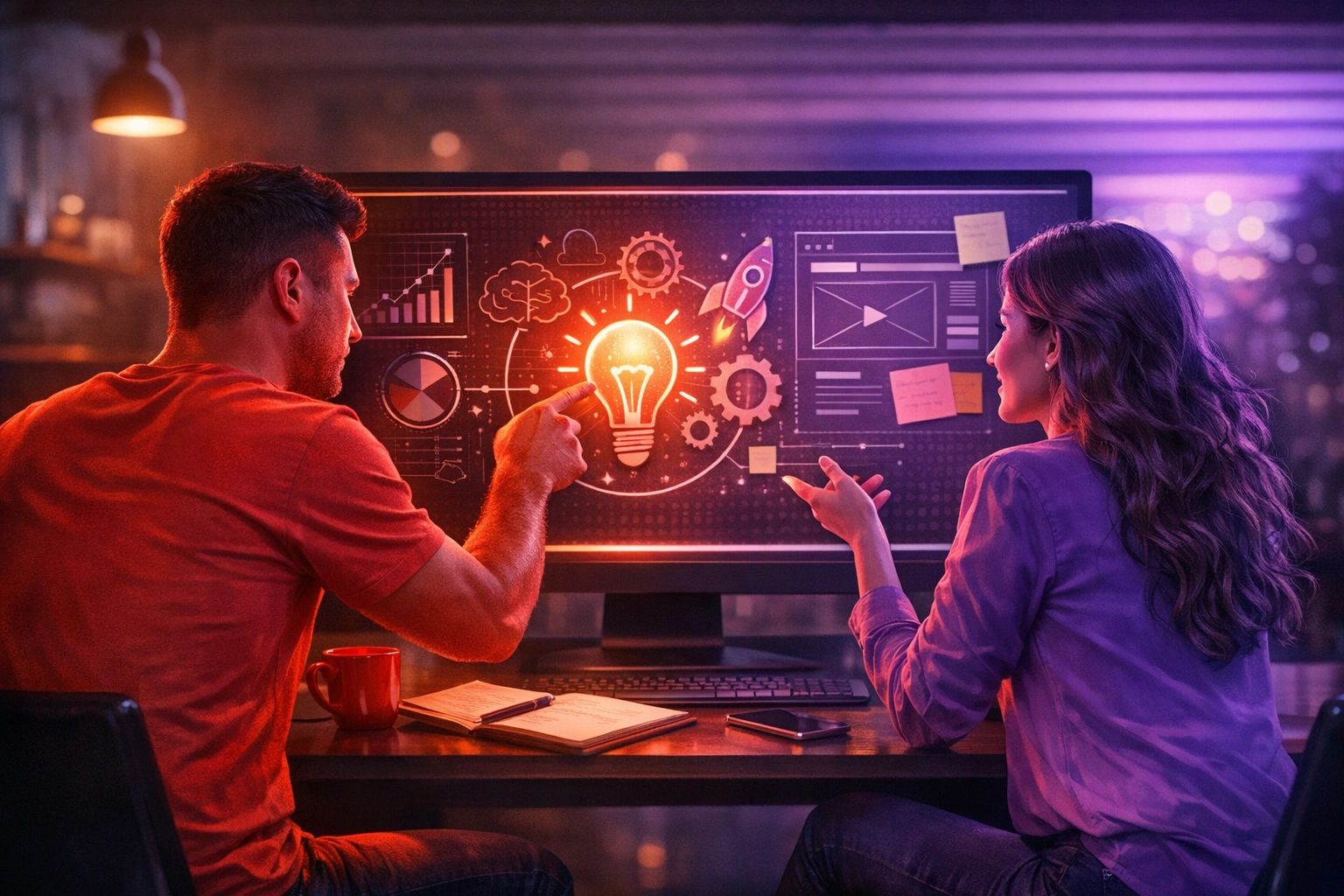 Two people brainstorming innovative ideas on a futuristic digital screen.