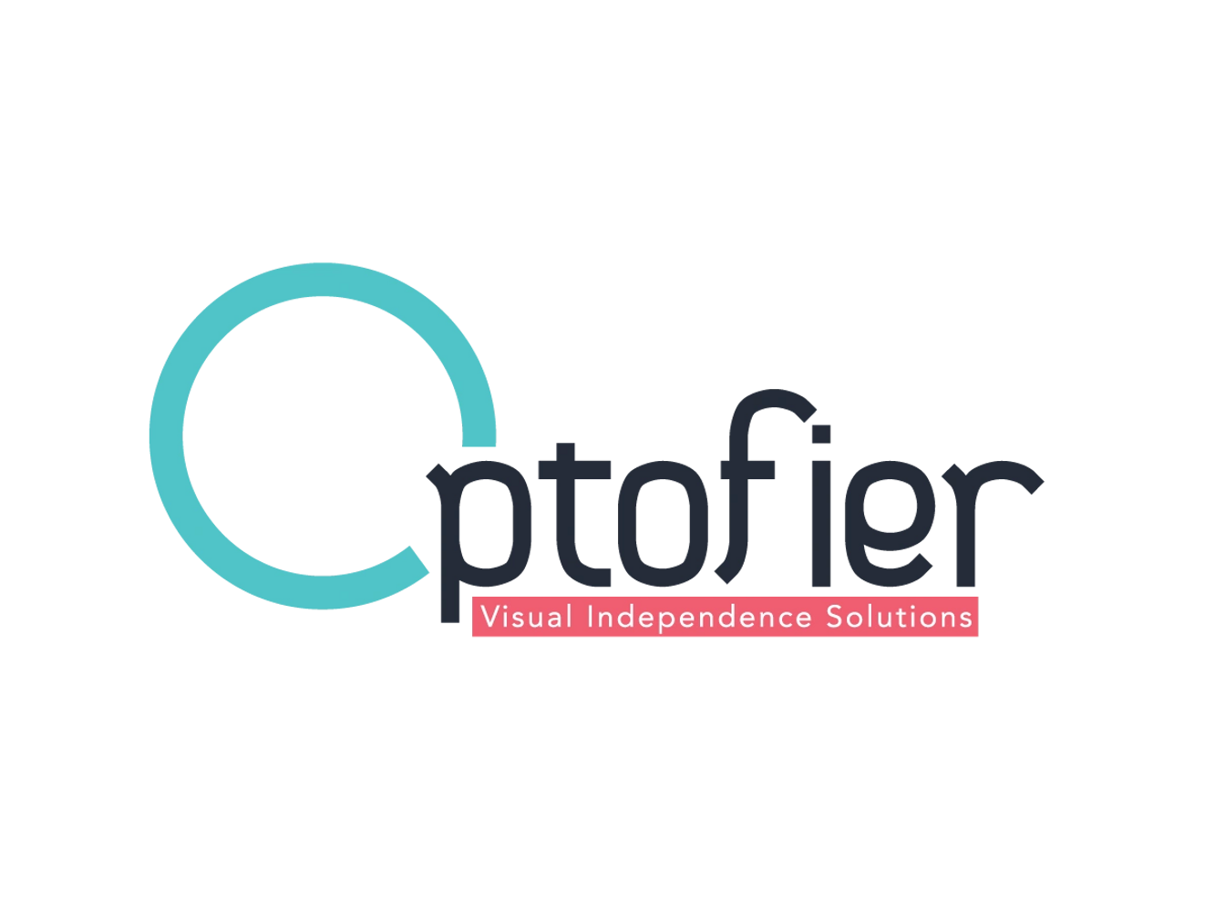 Optofier logo, Big blue O, with Visual Independence solutions in pink block with white letter.