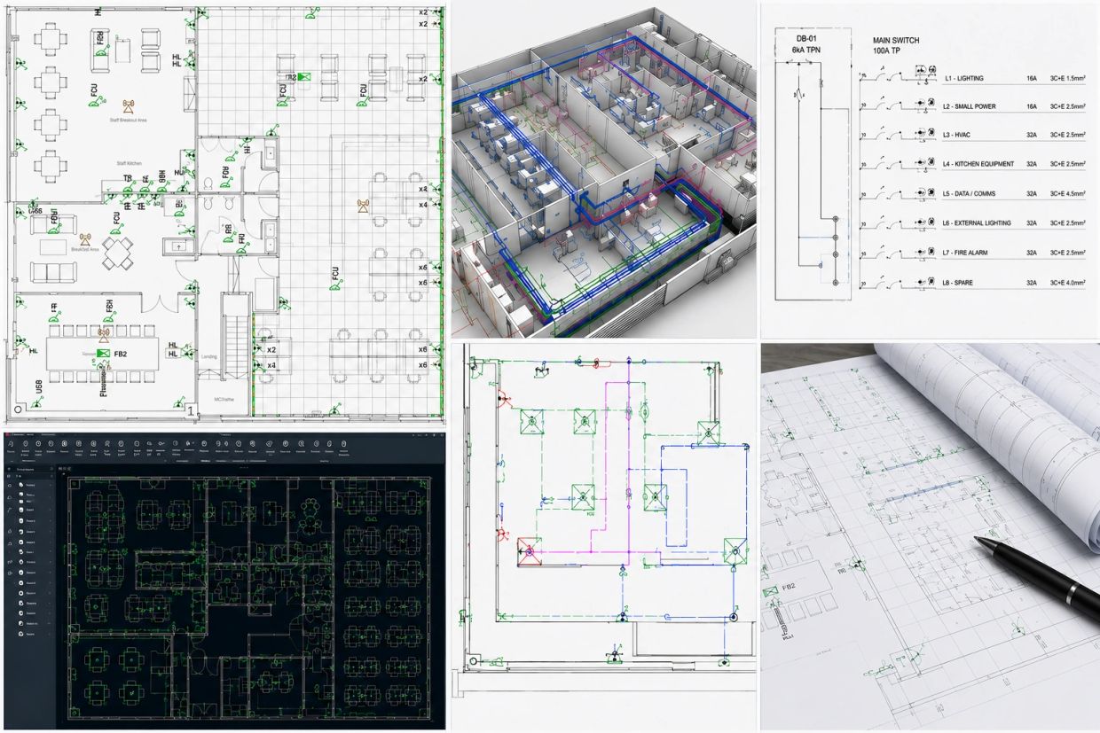 Collage of architectural and electrical engineering blueprints and designs.
