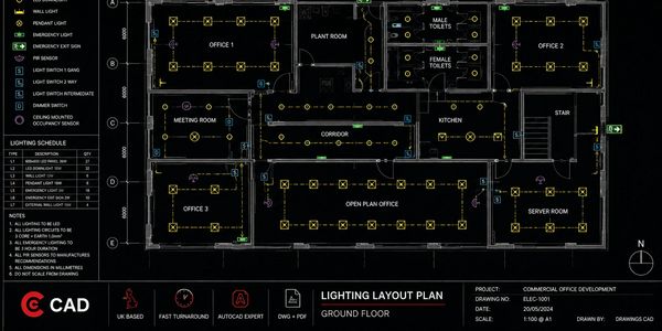 Electrical lighting CAD layout drawing for commercial office