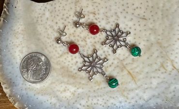 Dyed Red Quartz and Malachite Snowflake Earrings