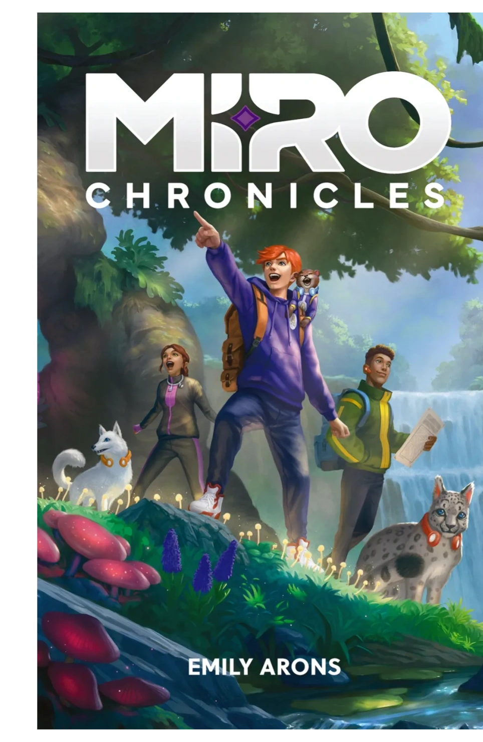 Miro Chronicles characters explore an alien jungle with a waterfall, creatures, and colorful plants.