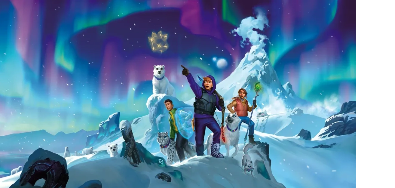 Miro Chronicles characters and animals on a snowy mountain beneath colorful northern lights.