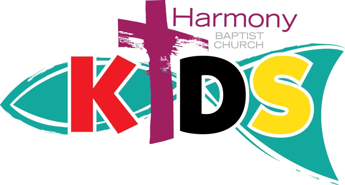 Colorful logo for Harmony Baptist Church Kids with a fish and cross design.