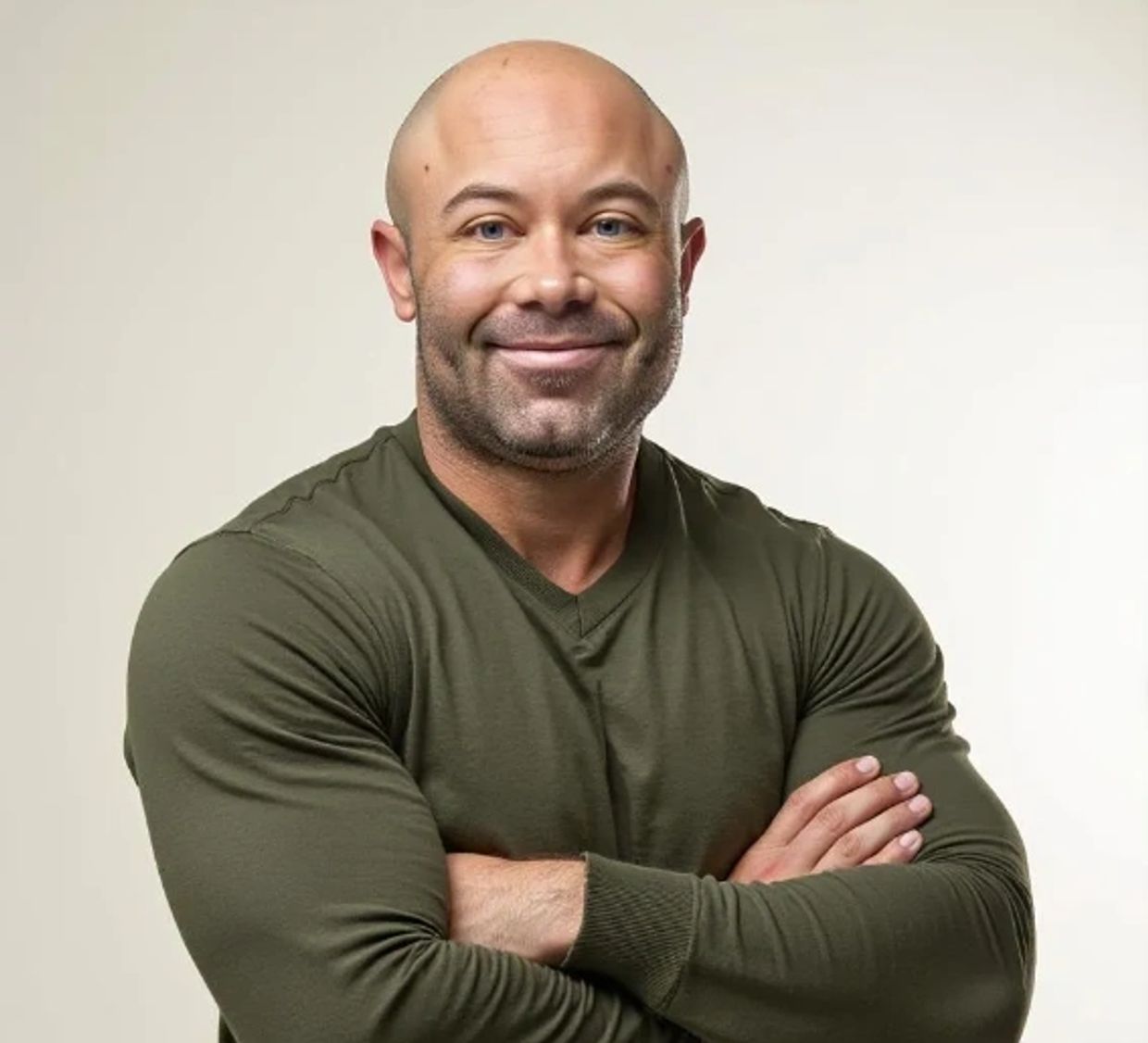 Smiling bald man in olive green shirt with arms crossed.