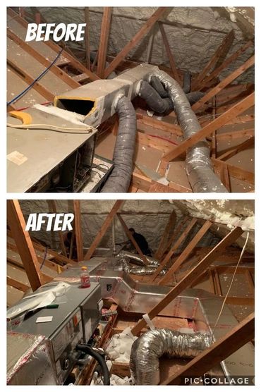 Before and after HVAC ductwork upgrade in an attic space for Air Conditioning Repair service in McAllen, Texas. Quick AC Repair and installations.