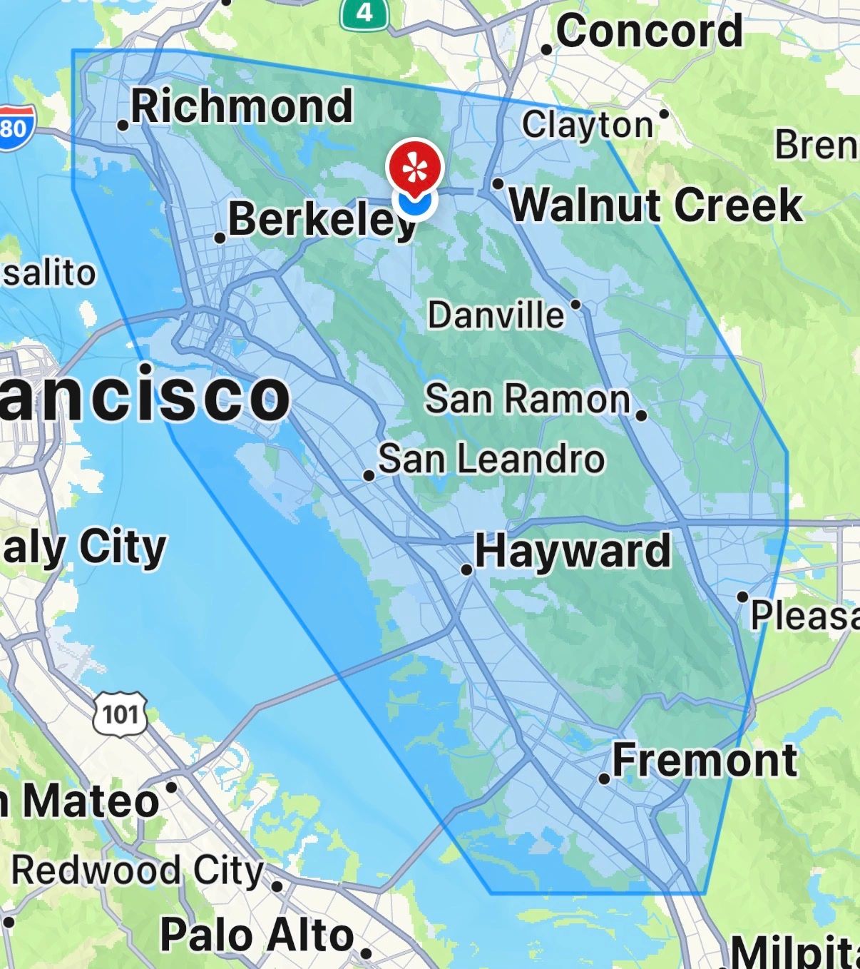 Map showing cities around Berkeley, California with a highlighted area.