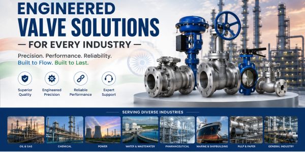 Industrial valve solutions showcased with applications in multiple industries.