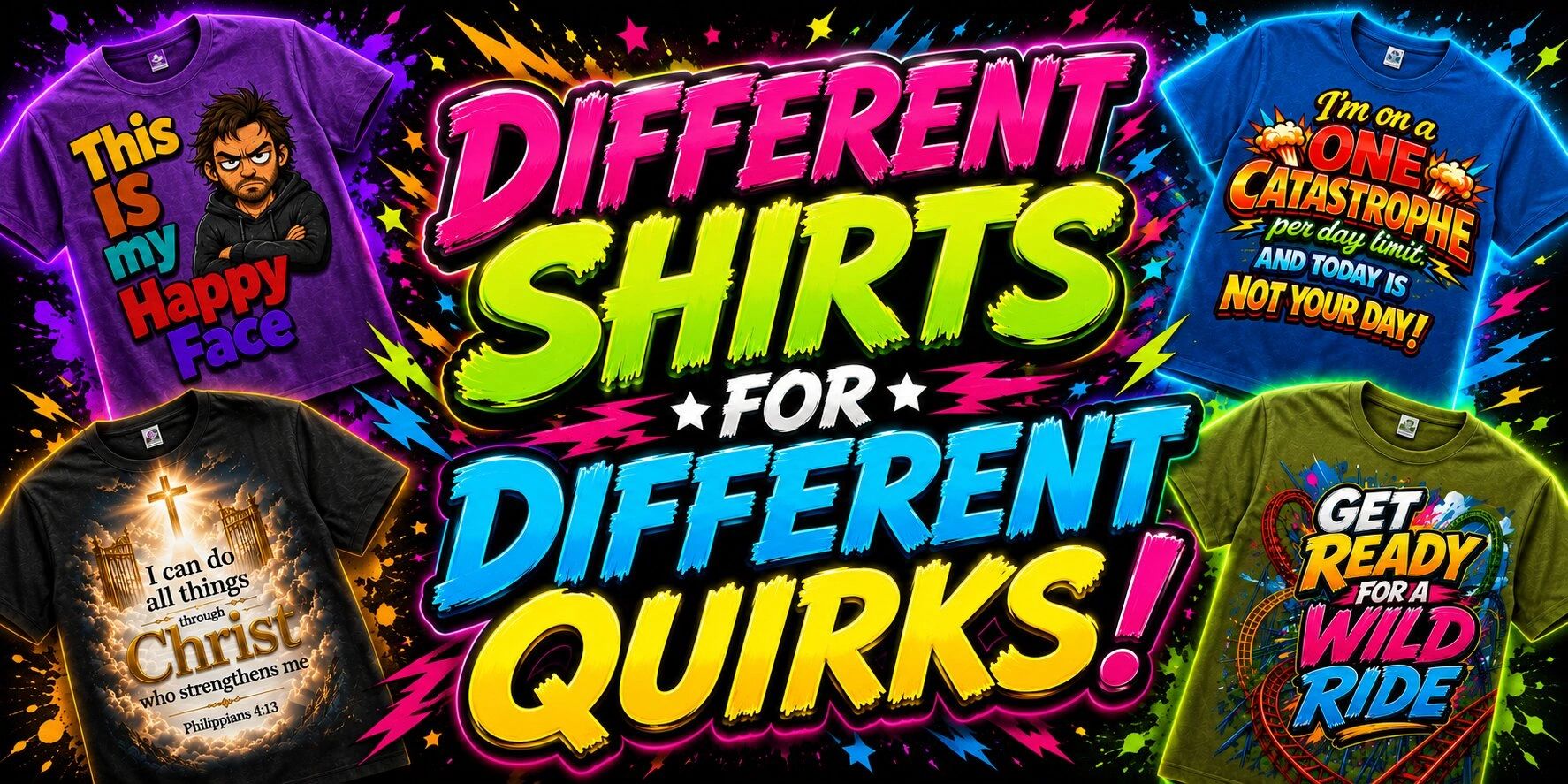 Colorful graphic tees with bold quirky sayings and vibrant design.