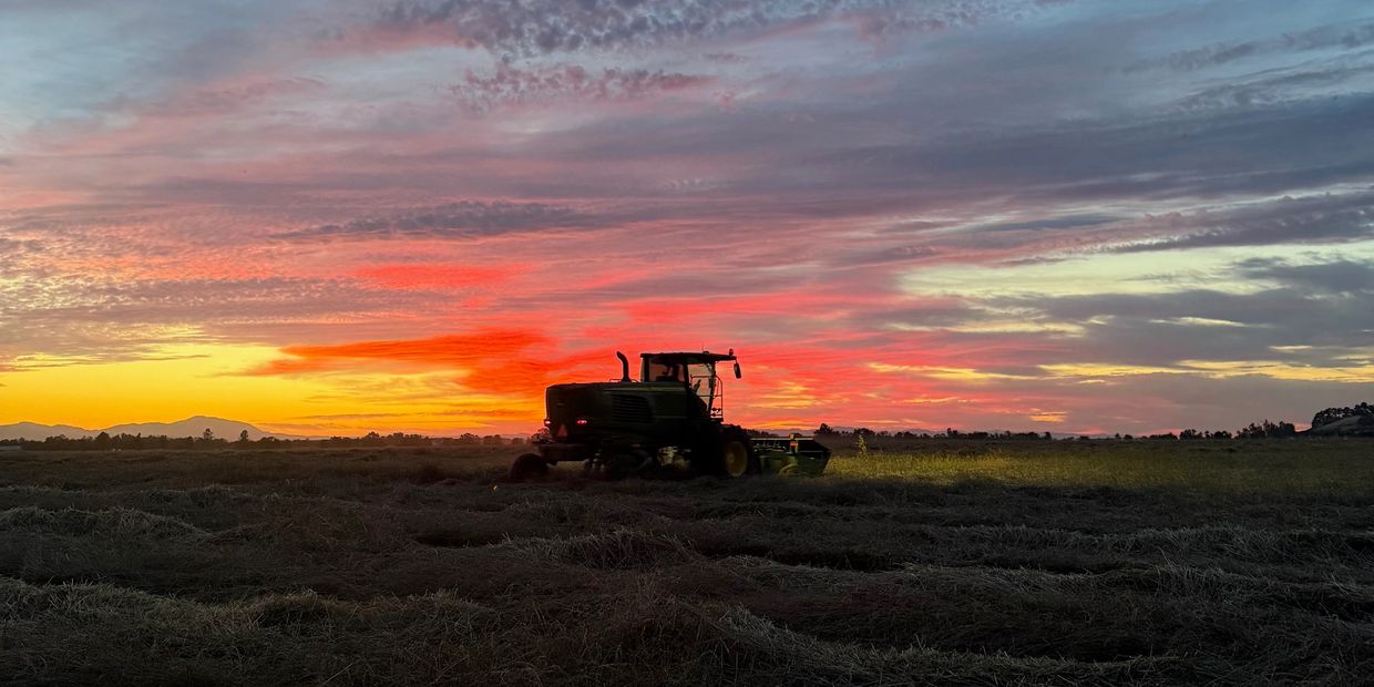 Tractor working during a vibrant sunset.
