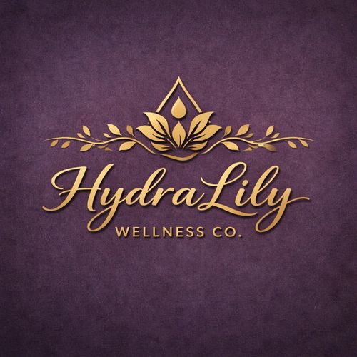 Elegant gold logo for HydraLily Wellness Co. on a purple background.