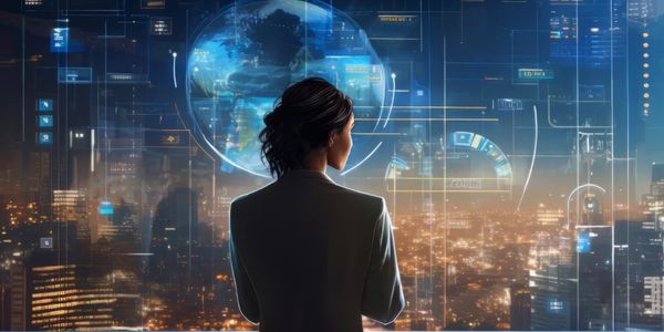 Woman analyzing futuristic digital data displays over cityscape at night.