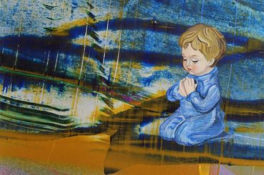 Contemporary collaboration painting of praying boy figurine on abstract painted background 