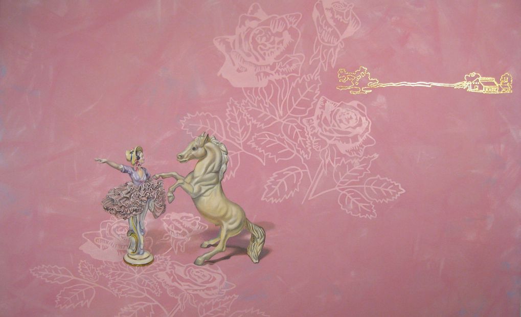 ballerina white toy horse pink goldleaf painting still life figurines contemporary art realism roses