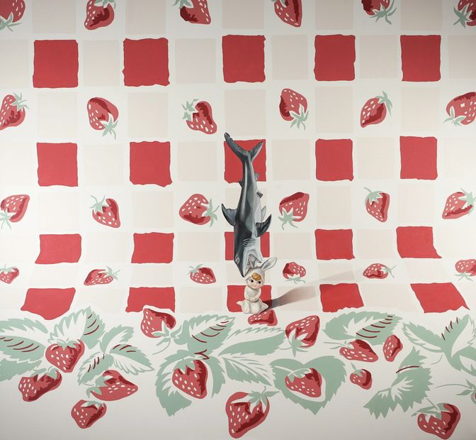 Bunny shark with strawberries contemporary realism vintage table cloth still life figures painting